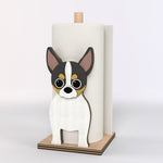 Chihuahua Wooden Dog Paper Towel Holder displayed on a kitchen countertop with a freestanding paper towel roll