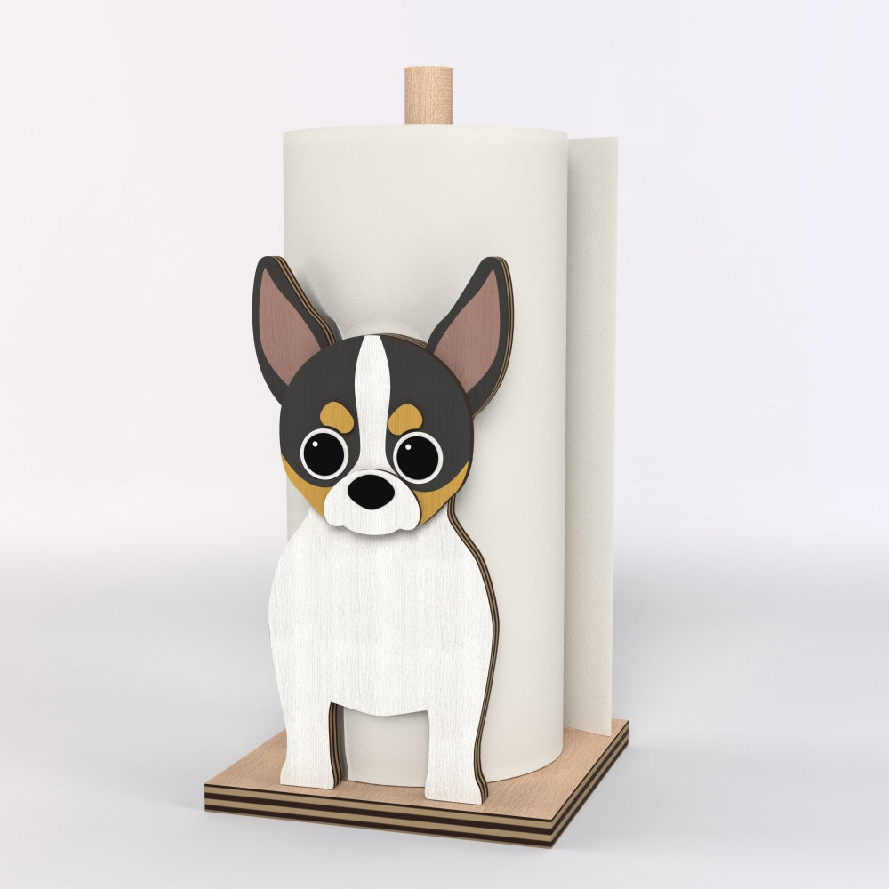 Chihuahua Wooden Dog Paper Towel Holder displayed on a kitchen countertop with a freestanding paper towel roll