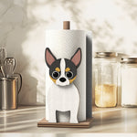 Chihuahua Wooden Dog Paper Towel Holder displayed on a kitchen countertop with a freestanding paper towel roll