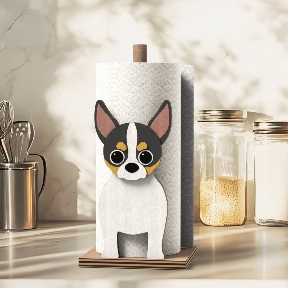 Chihuahua Wooden Dog Paper Towel Holder displayed on a kitchen countertop with a freestanding paper towel roll