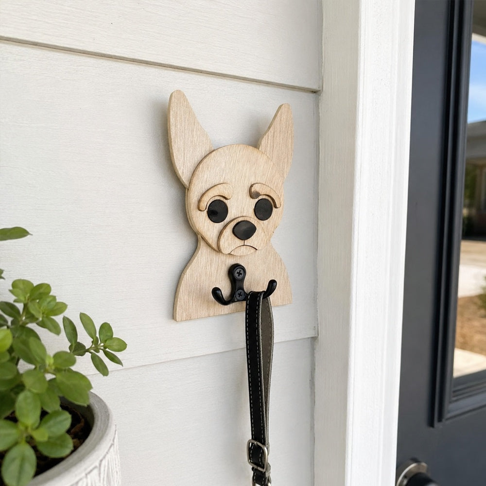 Wooden chihuahua dog wall hook key and leash holder for home entryway organizer