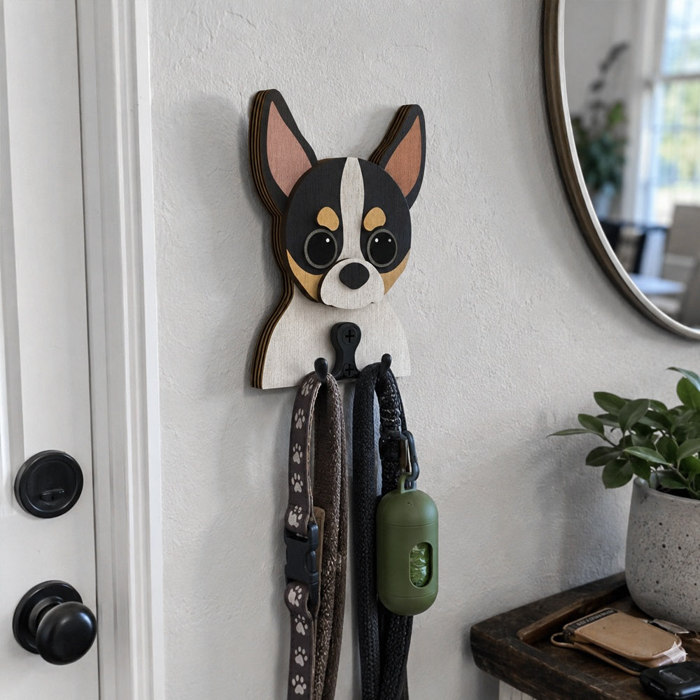 Wooden chihuahua dog wall hook key and leash holder for home entryway organizer