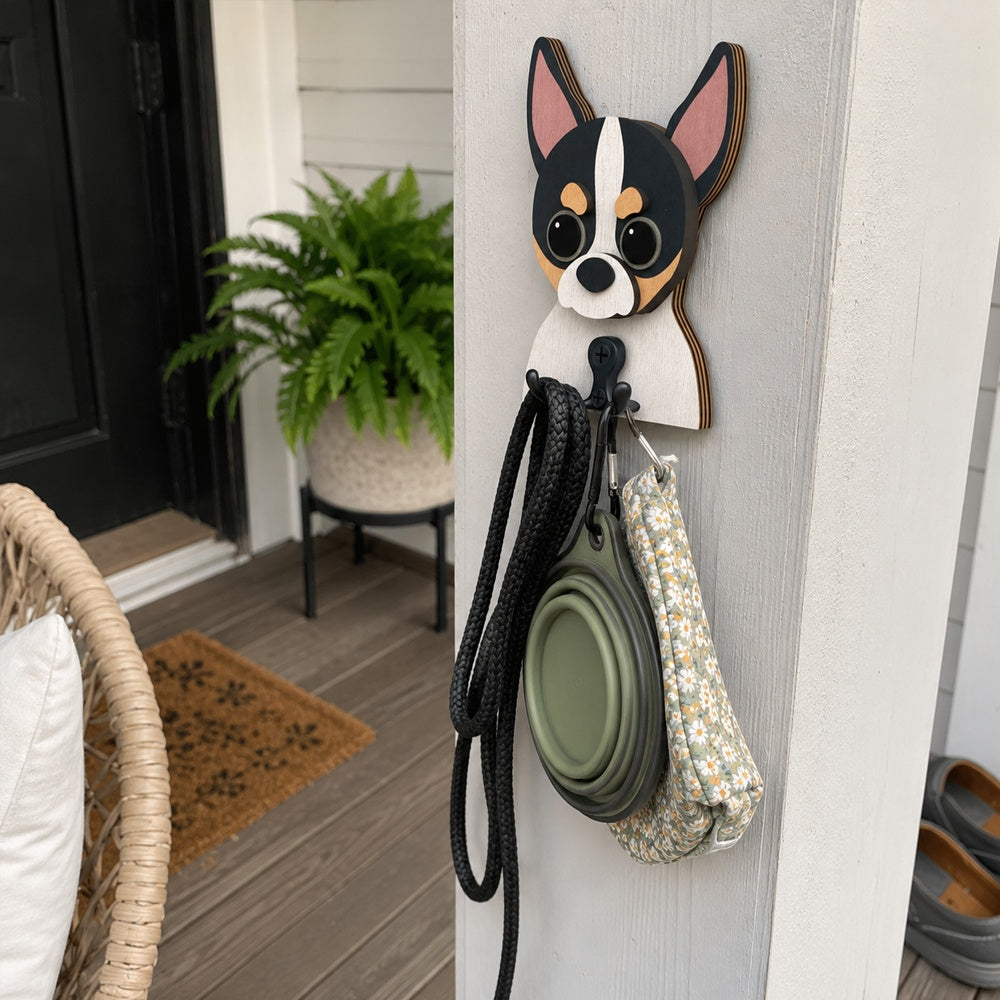 Wooden chihuahua dog wall hook key and leash holder for home entryway organizer