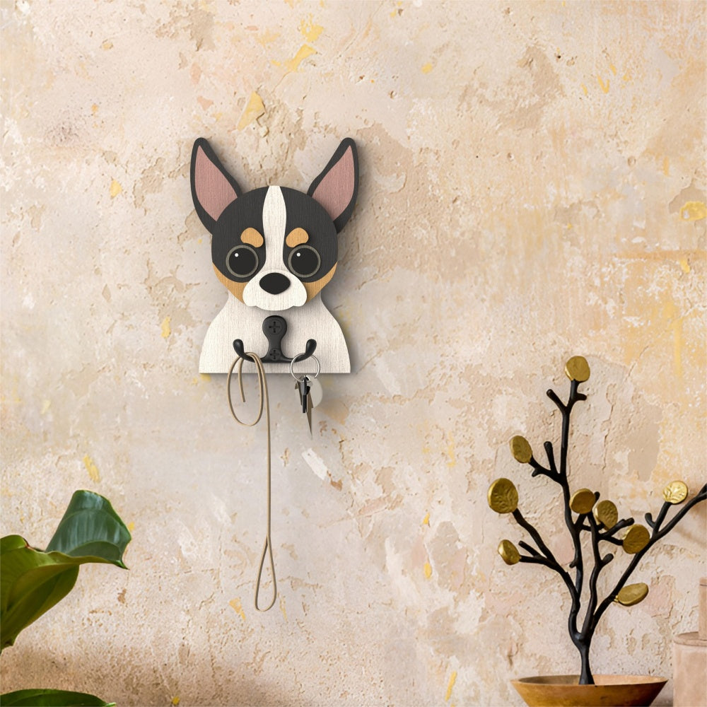 Wooden chihuahua dog wall hook key and leash holder for home entryway organizer