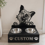 Personalized chinese crested dog metal dog bowl stand with custom name cutout and two removable feeding bowls