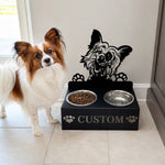 Personalized chinese crested dog metal dog bowl stand with custom name cutout and two removable feeding bowls