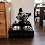 Personalized chinese crested dog metal dog bowl stand with custom name cutout and two removable feeding bowls