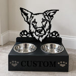Personalized chinook dog metal dog bowl stand with custom name cutout and two removable feeding bowls
