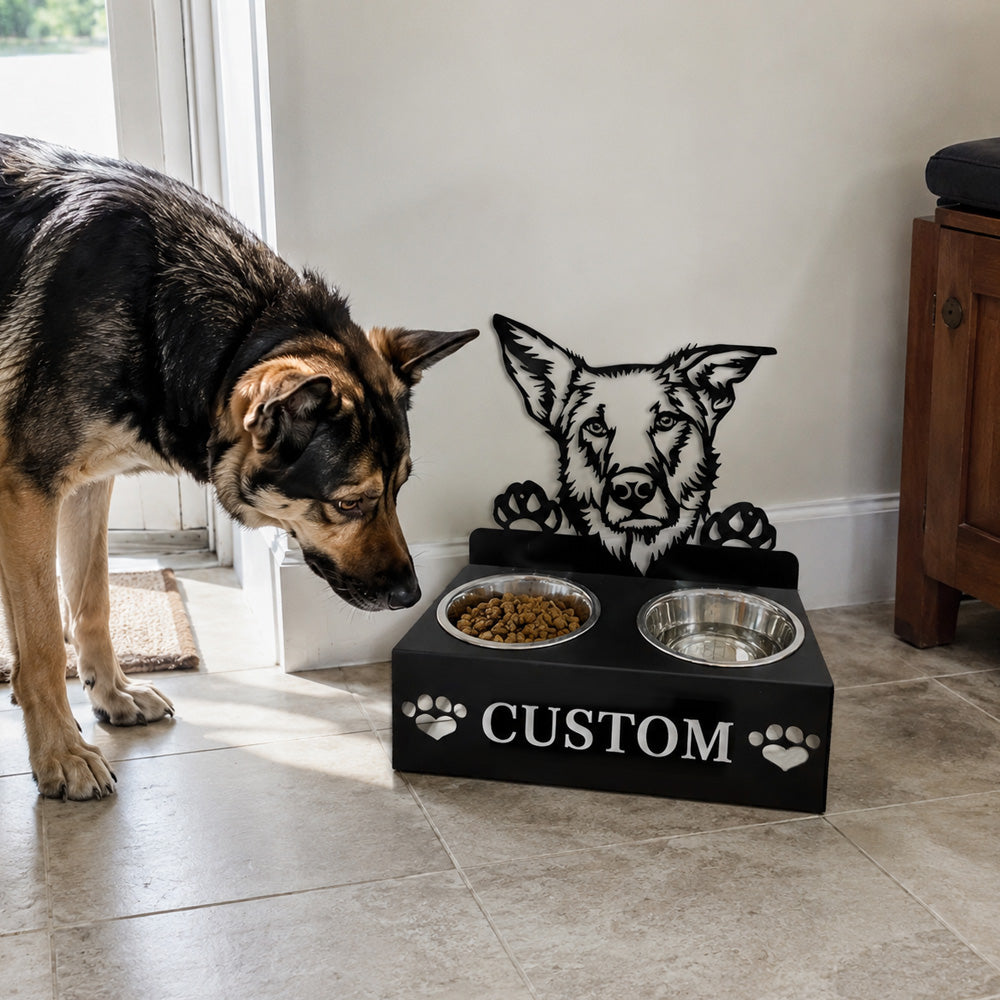 Personalized chinook dog metal dog bowl stand with custom name cutout and two removable feeding bowls