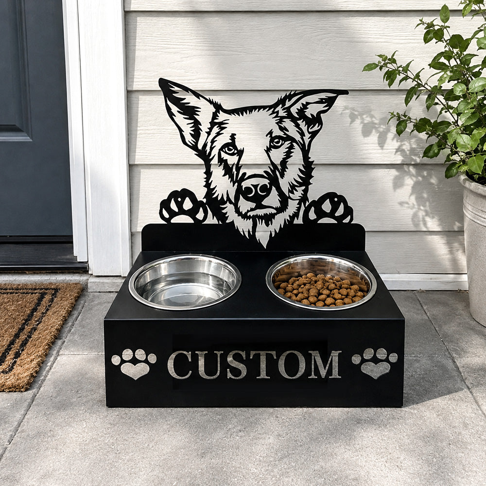 Personalized chinook dog metal dog bowl stand with custom name cutout and two removable feeding bowls