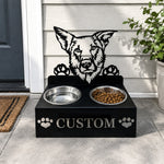 Personalized chinook dog metal dog bowl stand with custom name cutout and two removable feeding bowls