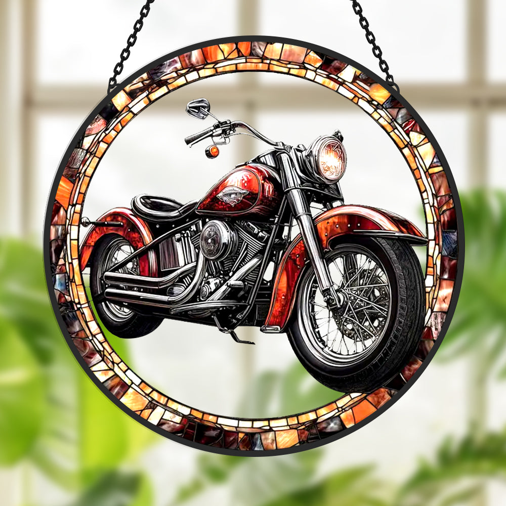Chopper motorcycle stained glass suncatcher window hanging, suitable for home and garden decoration