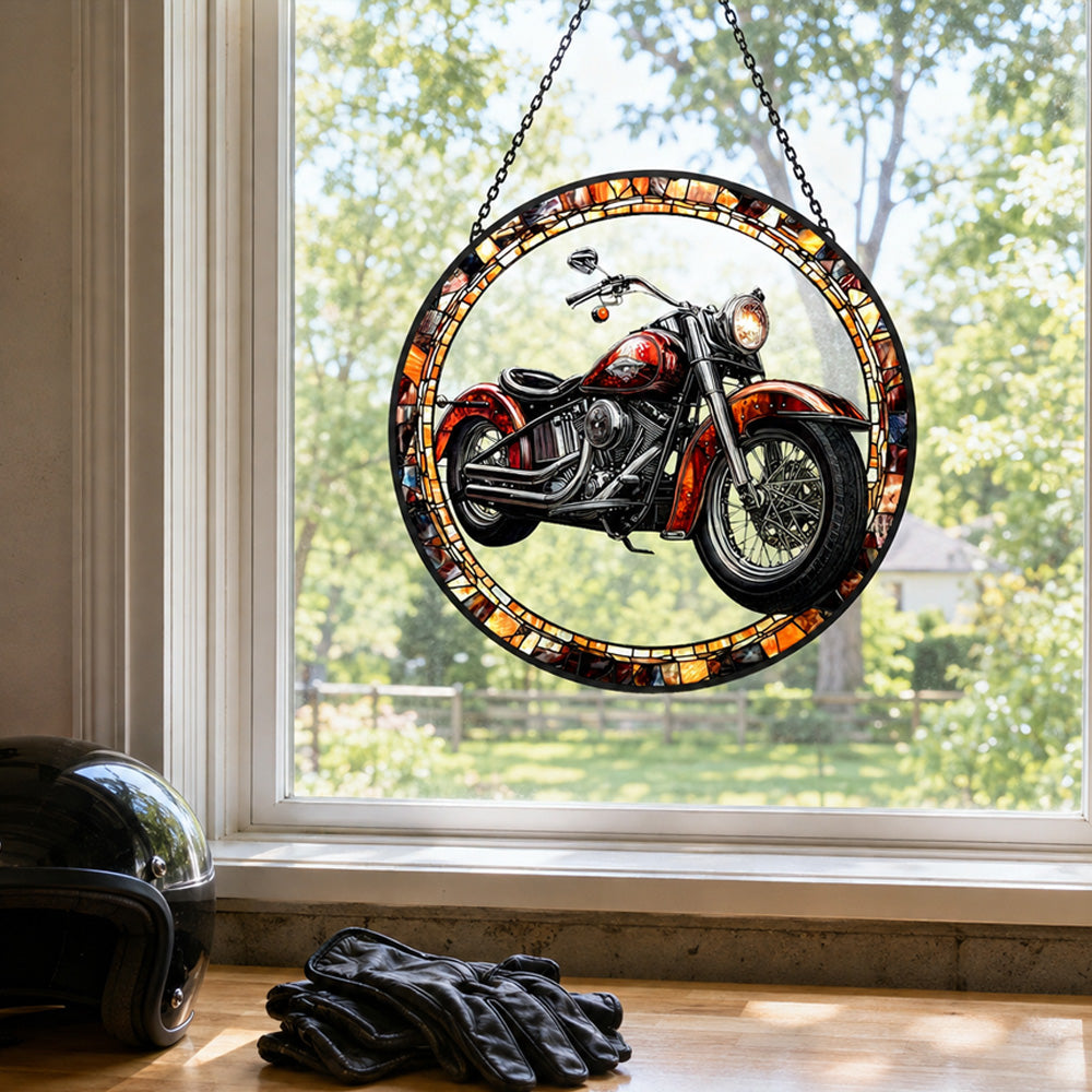 Chopper motorcycle stained glass suncatcher window hanging, suitable for home and garden decoration