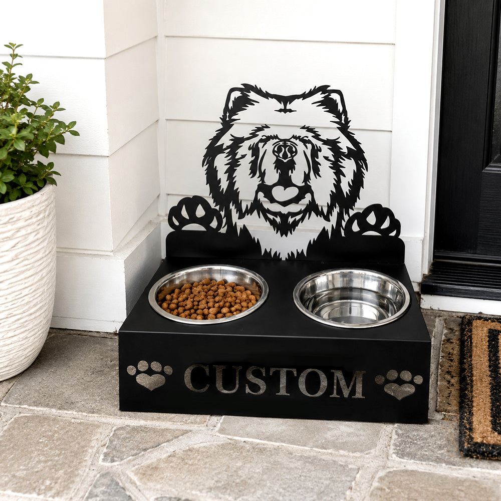 Personalized chow chow metal dog bowl stand with custom name cutout and two removable feeding bowls