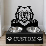 Personalized chow chow metal dog bowl stand with custom name cutout and two removable feeding bowls