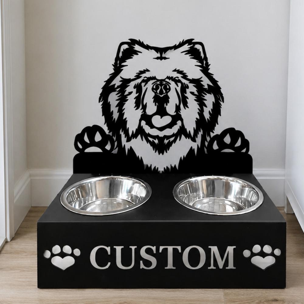 Personalized chow chow metal dog bowl stand with custom name cutout and two removable feeding bowls
