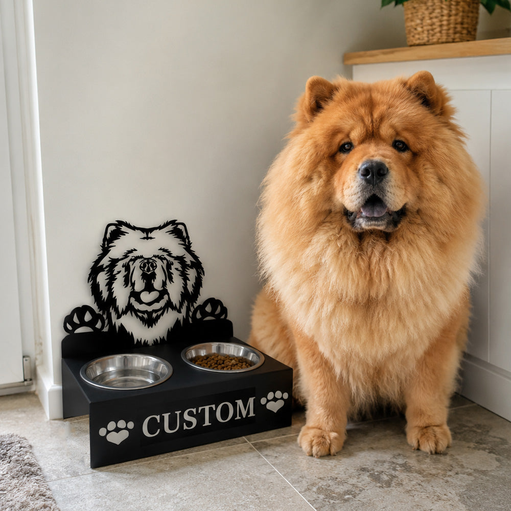 Personalized chow chow metal dog bowl stand with custom name cutout and two removable feeding bowls