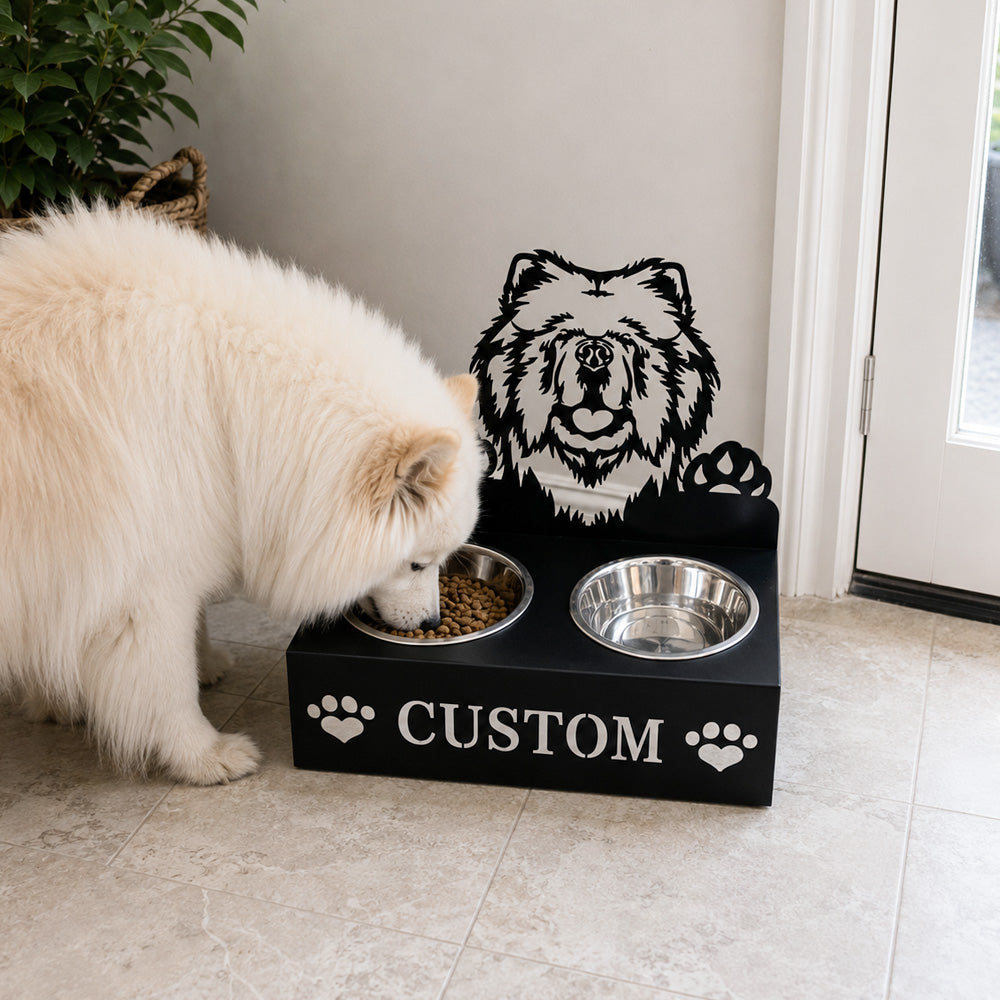 Personalized chow chow metal dog bowl stand with custom name cutout and two removable feeding bowls