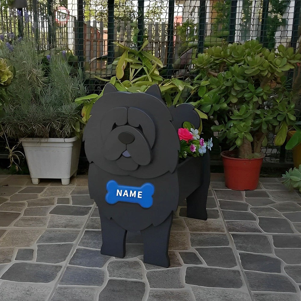 Chow Chow dog planter filled with fresh flowers is placed in the garden