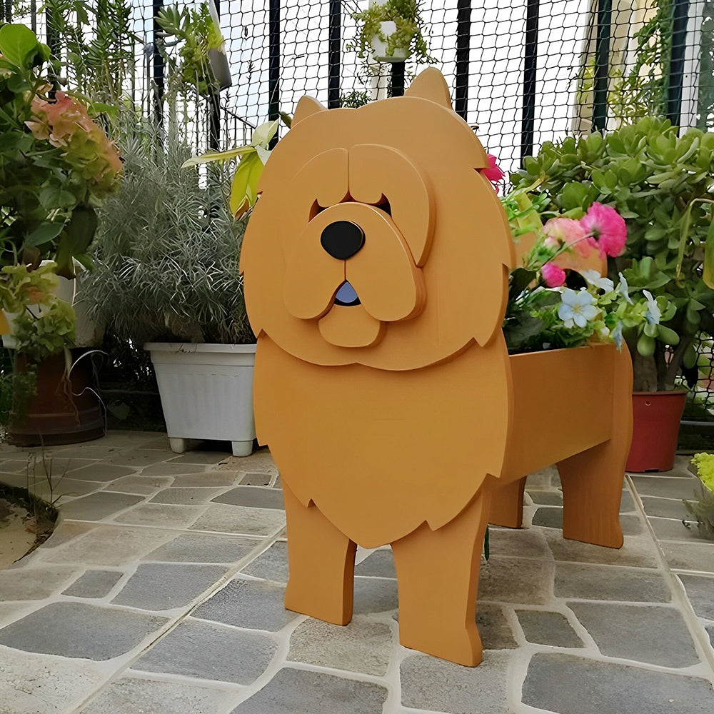 Chow Chow dog planter filled with fresh flowers is placed in the garden
