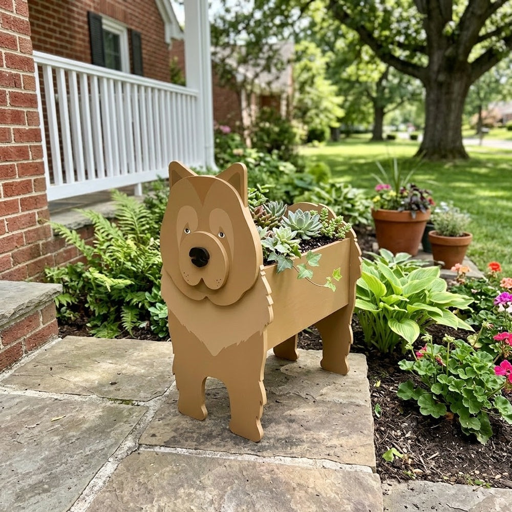 Chow Chow dog planter filled with fresh flowers is placed in the garden