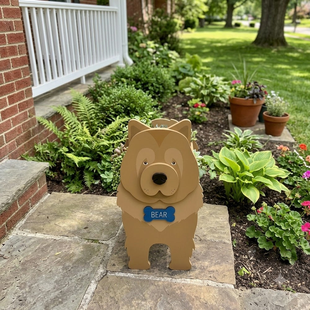 Chow Chow dog planter filled with fresh flowers is placed in the garden