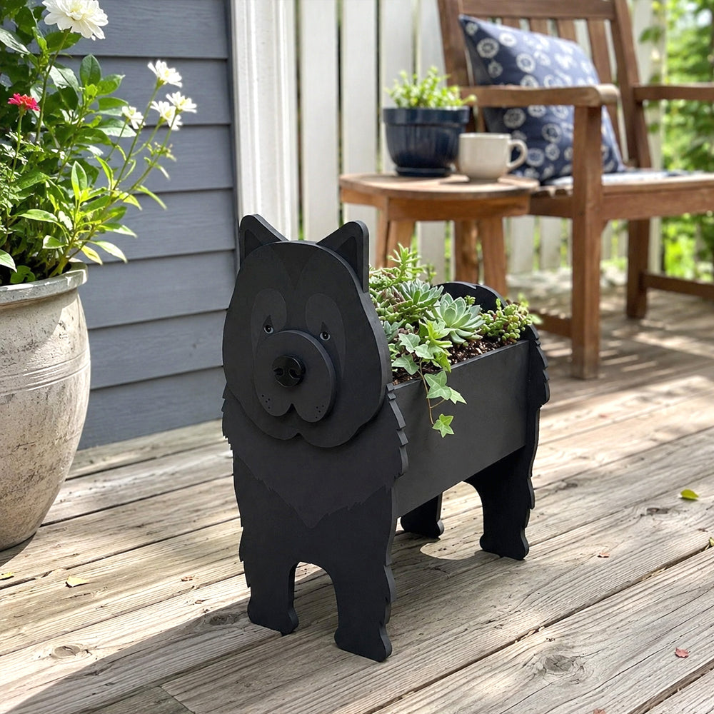 Chow Chow dog planter filled with fresh flowers is placed in the garden
