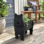 Chow Chow dog planter filled with fresh flowers is placed in the garden