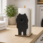 Chow Chow Wooden Dog Paper Towel Holder displayed on a kitchen countertop with a freestanding paper towel roll