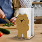Chow Chow Wooden Dog Paper Towel Holder displayed on a kitchen countertop with a freestanding paper towel roll