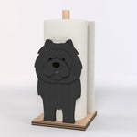 Chow Chow Wooden Dog Paper Towel Holder displayed on a kitchen countertop with a freestanding paper towel roll