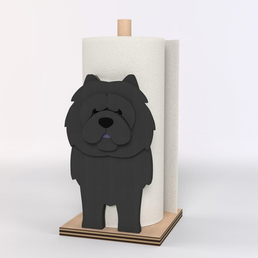 Chow Chow Wooden Dog Paper Towel Holder displayed on a kitchen countertop with a freestanding paper towel roll