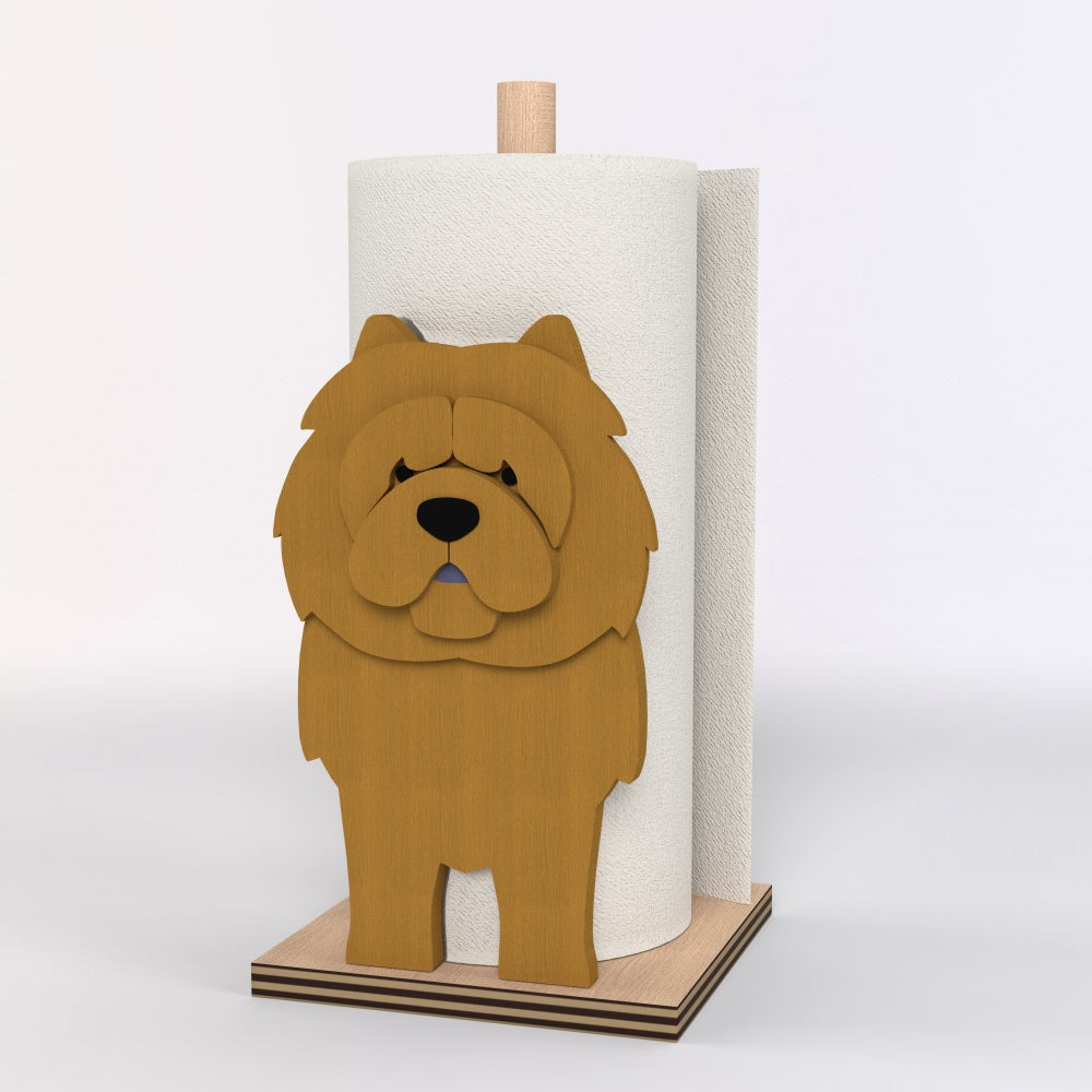 Chow Chow Wooden Dog Paper Towel Holder displayed on a kitchen countertop with a freestanding paper towel roll