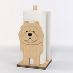 Chow Chow Wooden Dog Paper Towel Holder displayed on a kitchen countertop with a freestanding paper towel roll