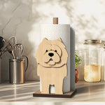 Chow Chow Wooden Dog Paper Towel Holder displayed on a kitchen countertop with a freestanding paper towel roll
