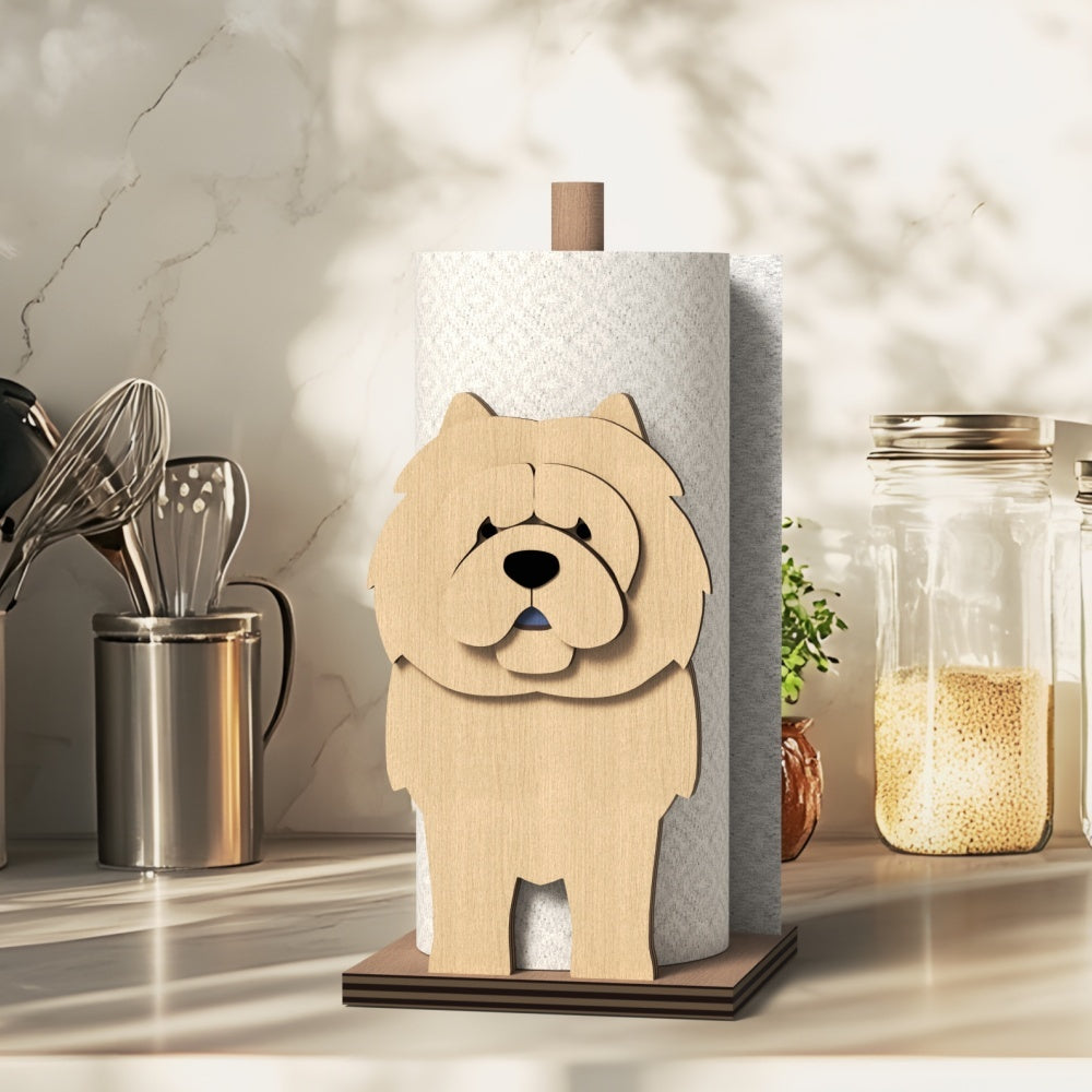 Chow Chow Wooden Dog Paper Towel Holder displayed on a kitchen countertop with a freestanding paper towel roll