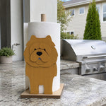 Chow Chow Wooden Dog Paper Towel Holder displayed on a kitchen countertop with a freestanding paper towel roll