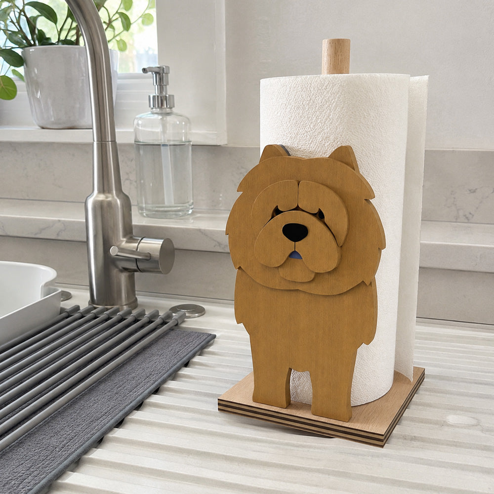 Chow Chow Wooden Dog Paper Towel Holder displayed on a kitchen countertop with a freestanding paper towel roll