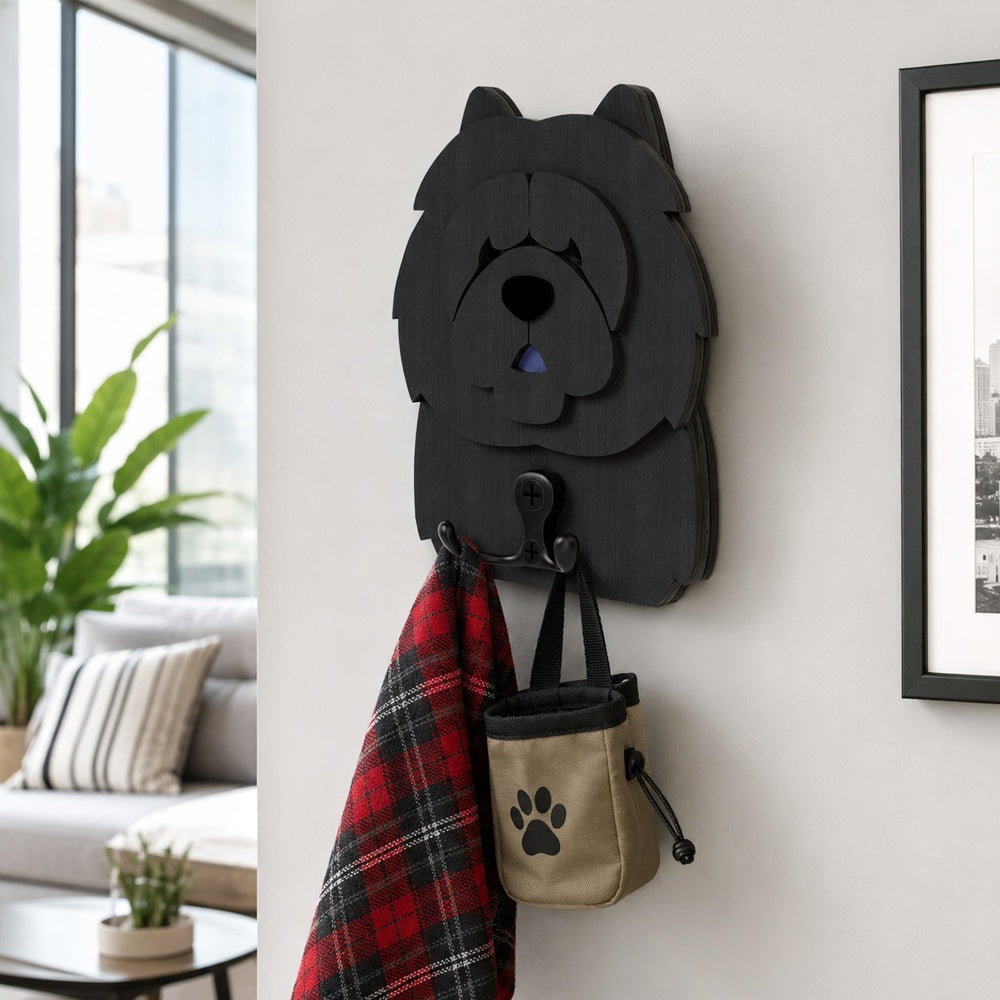 Wooden chow chow dog wall hook key and leash holder for home entryway organizer