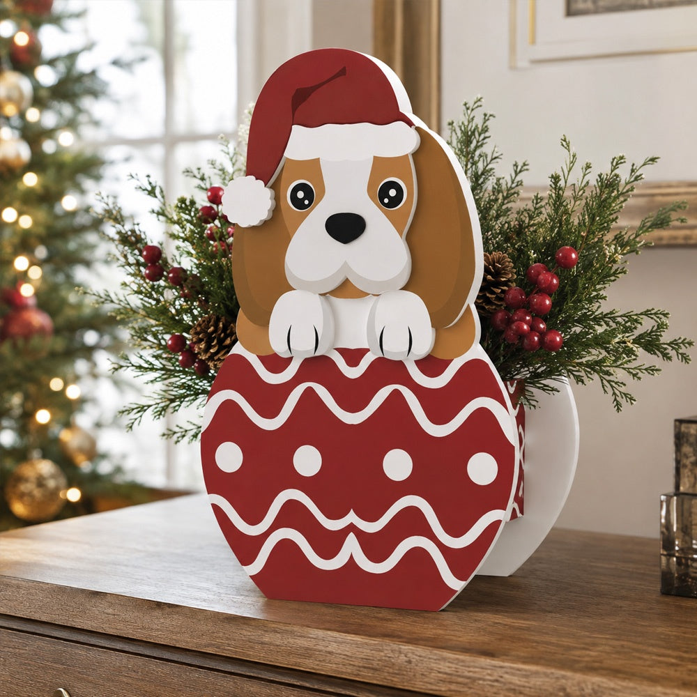 Christmas Beagle dog planter filled with fresh flowers is placed in the garden