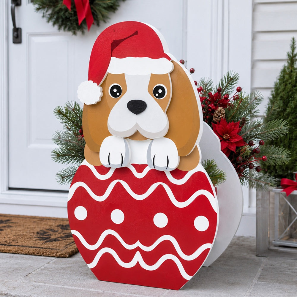Christmas Beagle dog planter filled with fresh flowers is placed in the garden