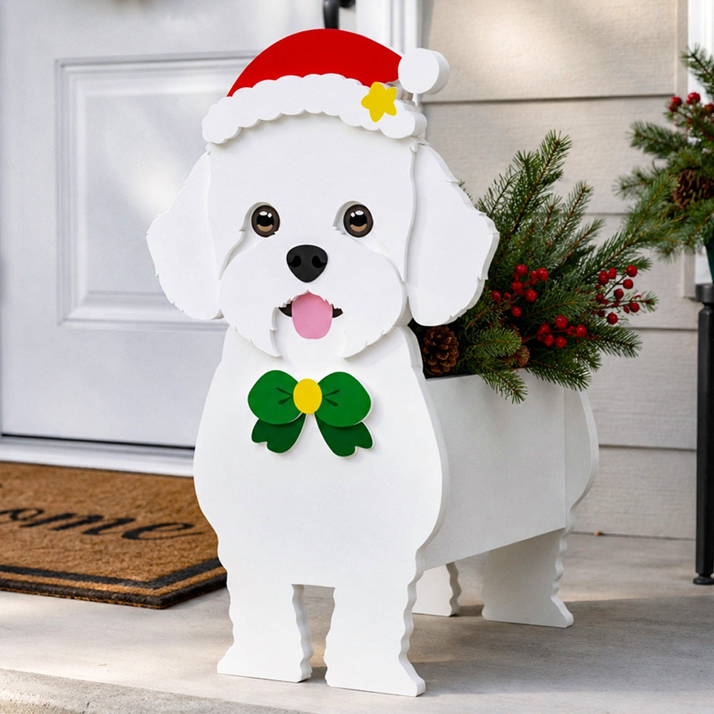 Christmas Bichon Frise dog planter filled with fresh flowers is placed in the garden