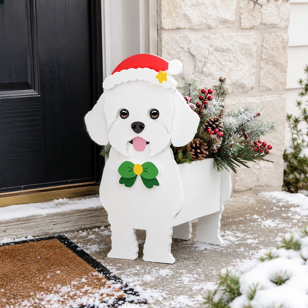 Christmas Bichon Frise dog planter filled with fresh flowers is placed in the garden