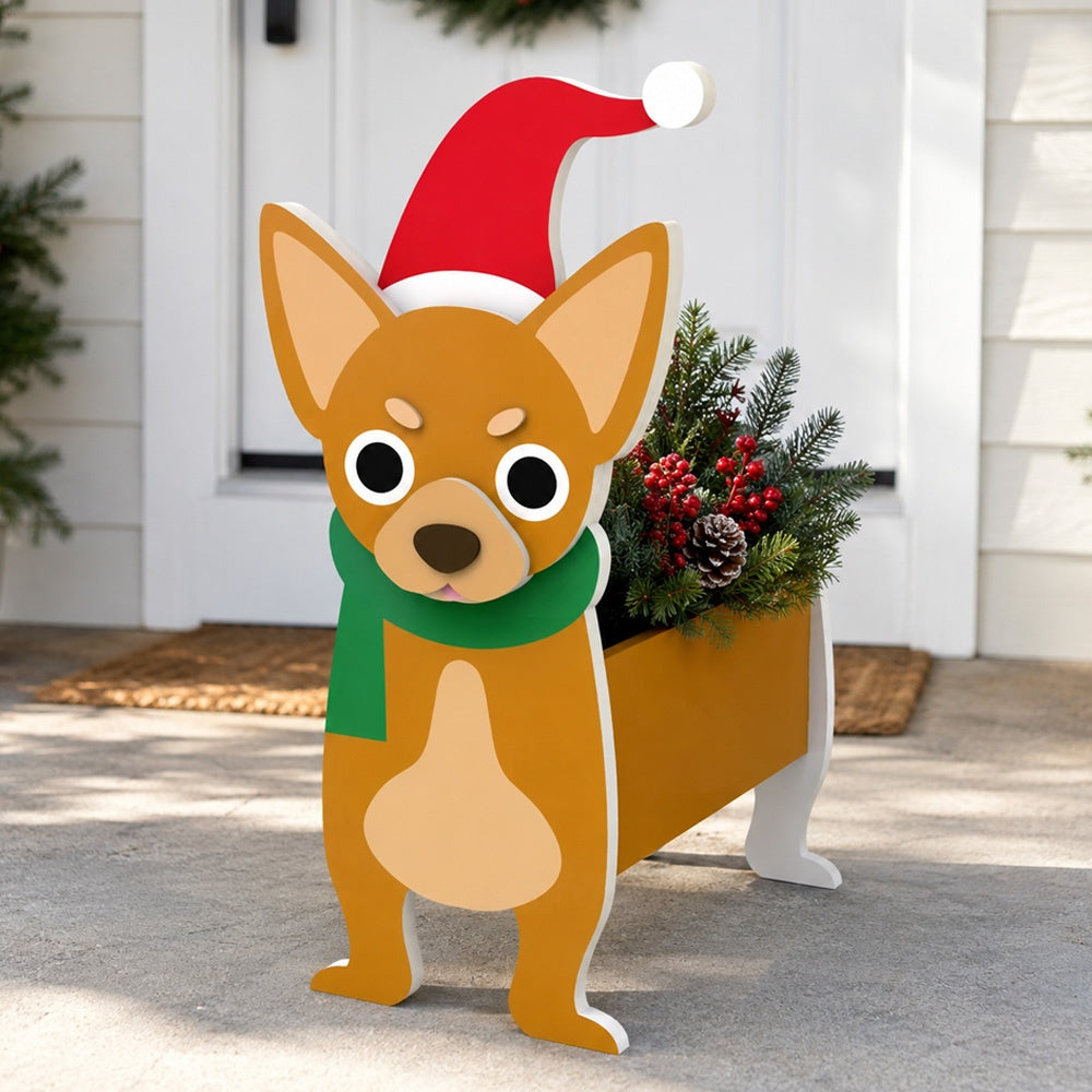 Christmas Chihuahua dog planter filled with fresh flowers is placed in the garden