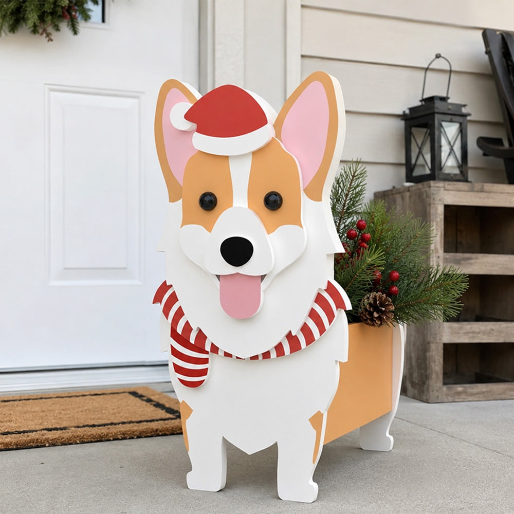 Christmas Corgi dog planter filled with fresh flowers is placed in the garden