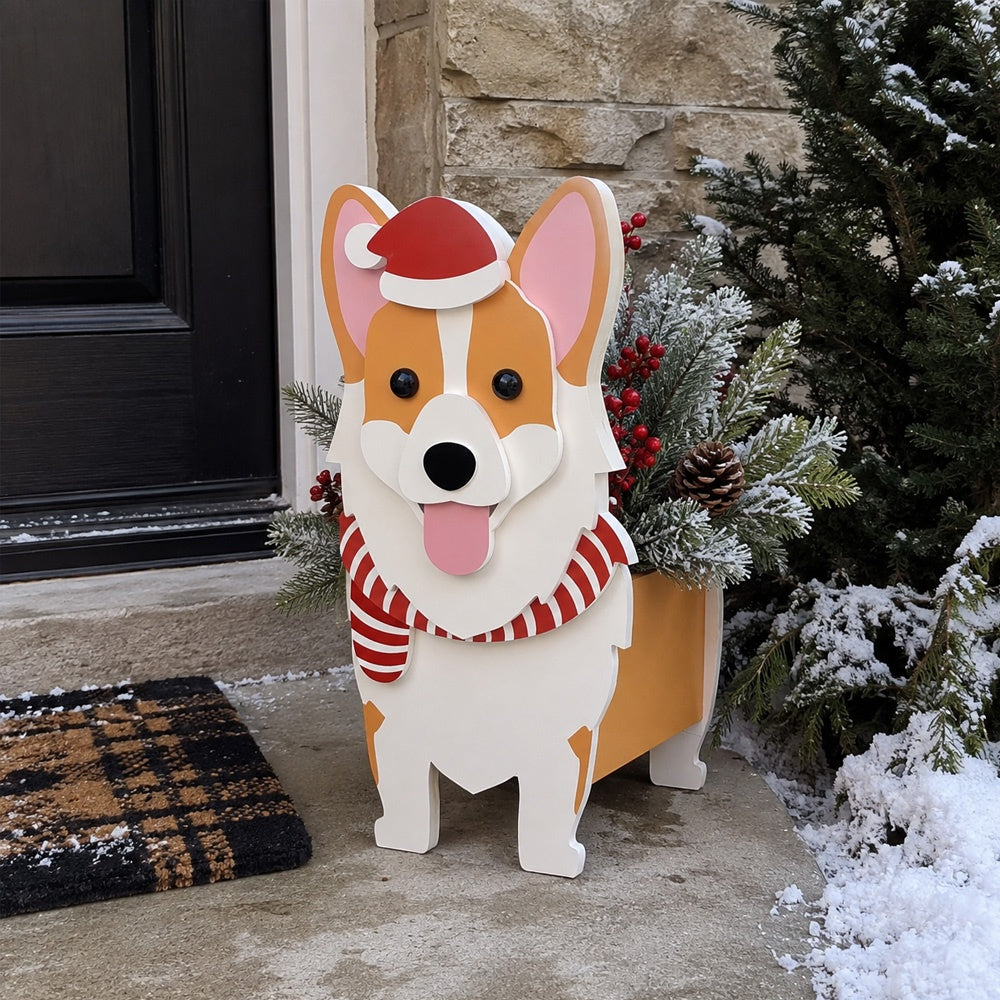 Christmas Corgi dog planter filled with fresh flowers is placed in the garden