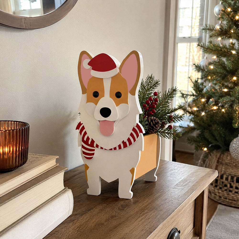 Christmas Corgi dog planter filled with fresh flowers is placed in the garden