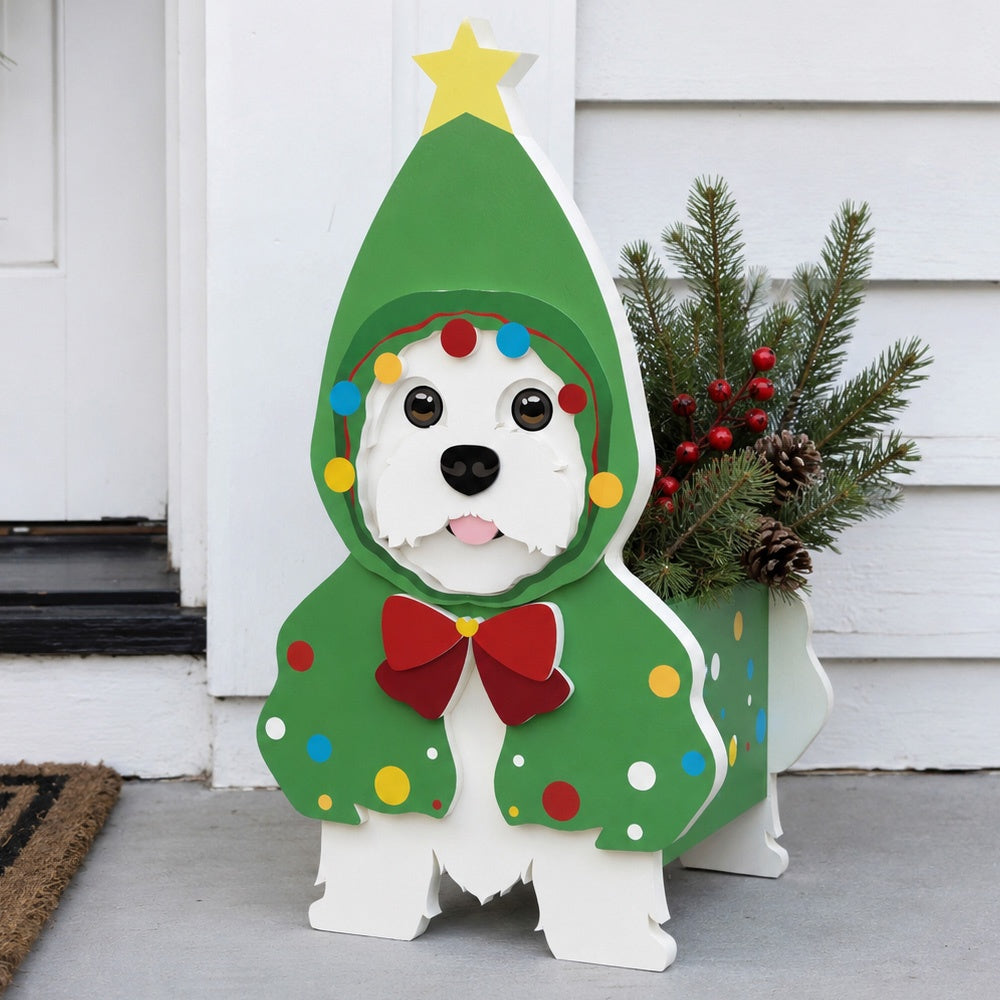 Christmas Doodle dog planter filled with fresh flowers is placed in the garden