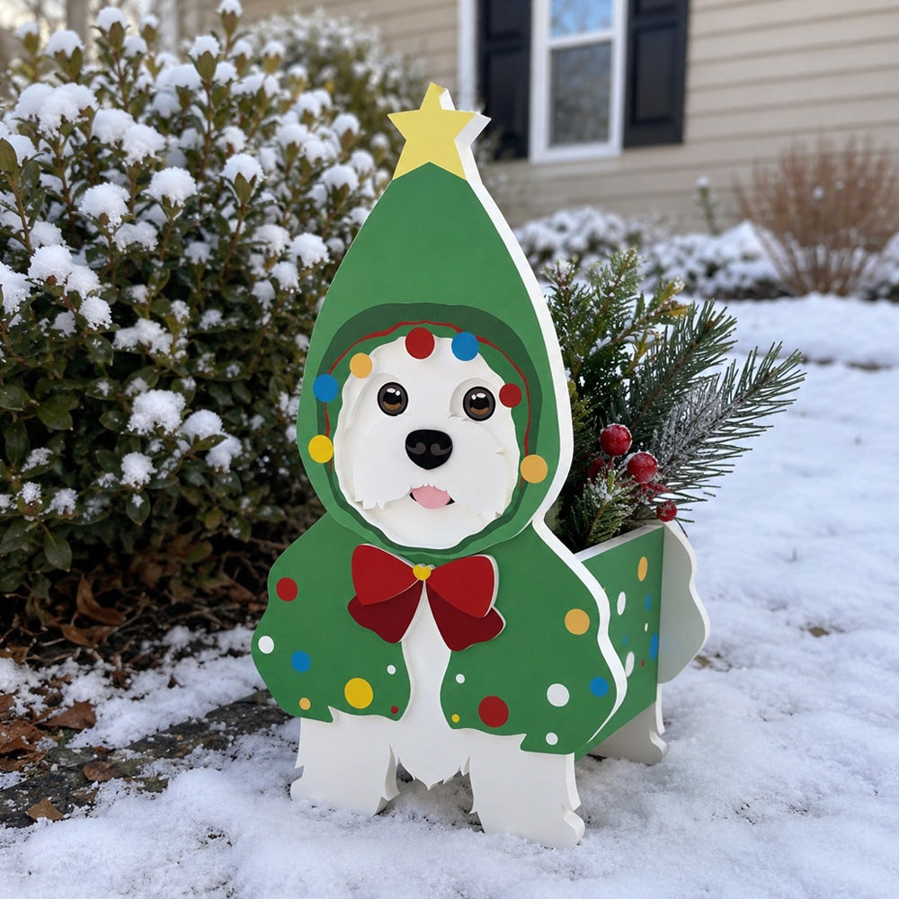 Christmas Doodle dog planter filled with fresh flowers is placed in the garden