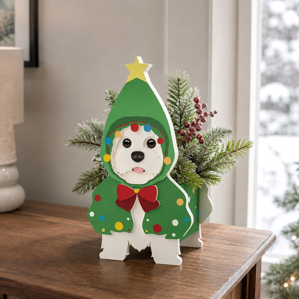 Christmas Doodle dog planter filled with fresh flowers is placed in the garden